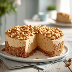 A whole homemade peanut butter cake on a cake stand, decorated with swirls of creamy peanut butter frosting.