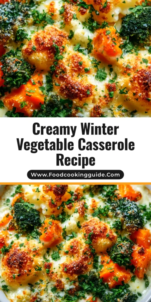 A delicious and creamy Winter Vegetable Casserole in a white baking dish, topped with golden-brown breadcrumbs and fresh herbs. The perfect hearty vegetable bake.