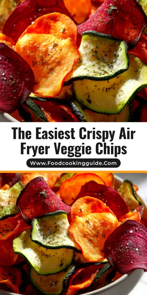 A close-up shot of crispy, colorful air fryer veggie chips in a white bowl. The mix includes sweet potato, beet, and zucchini chips, seasoned lightly.