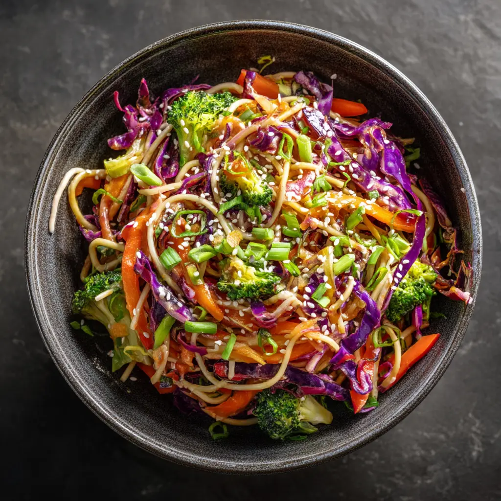 A large bowl of colorful Asian cabbage salad with shredded carrots and edamame, tossed in a sesame ginger dressing.