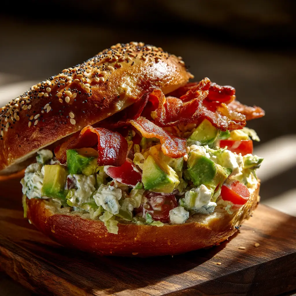 An overhead shot of an assembled California BLT bagel, showing the generous amount of chopped filling on the toasted bagel half.