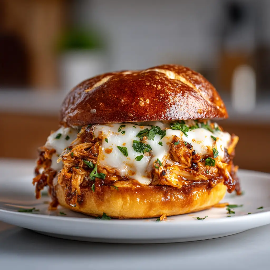 A plated Slow Cooker Parmesan Garlic Chicken Sandwich, cut in half to show the generous filling of shredded chicken and melted provolone cheese.