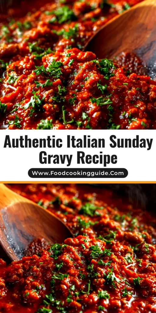 An overhead shot of a pot of rich, thick Authentic Italian Gravy Recipe, with a wooden spoon stirring the sauce. A bowl of pasta with gravy is next to it.