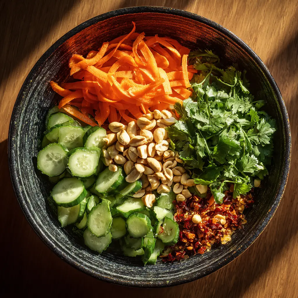 A close-up shot of the authentic Thai cucumber salad, showcasing the thin slices of cucumber, red onion, and fresh cilantro.