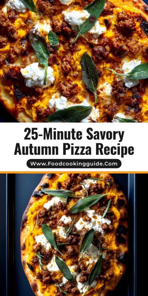 A delicious autumn pizza recipe with butternut squash and prosciutto shown on a wooden board. The pizza is topped with fresh herbs and has a slice being lifted, revealing a cheesy interior. The image has a text overlay that reads 'The Ultimate Autumn Pizza'.