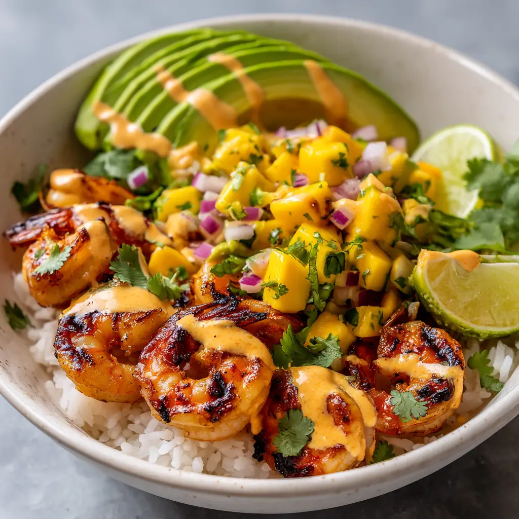 A close-up view of the avocado shrimp salad portion of the bowl, highlighting the creamy texture of the avocado and the fresh cilantro.