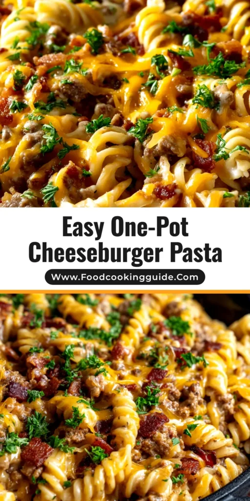 A large white bowl filled with creamy bacon cheeseburger pasta, topped with extra shredded cheddar cheese and crispy bacon bits. The one-pot meal is ready to be served.