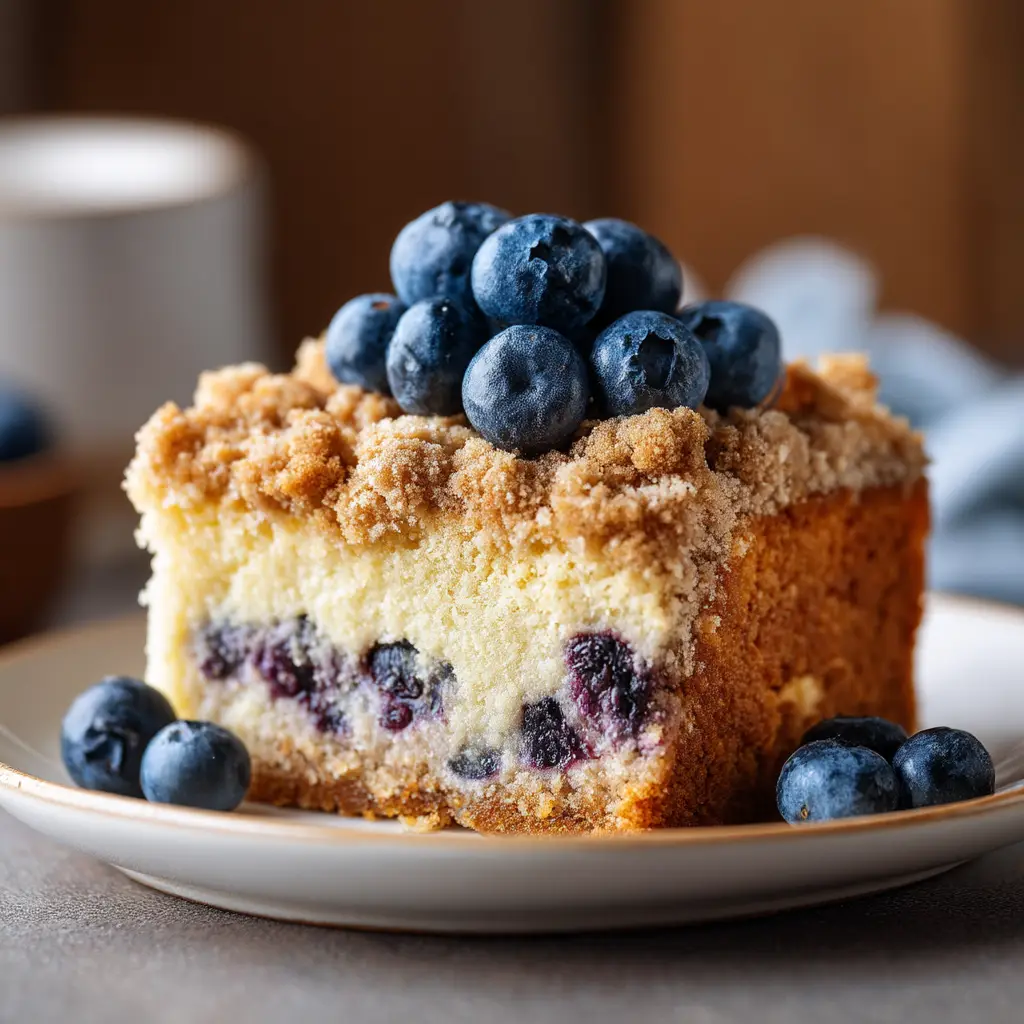 An overhead shot of the entire blueberry coffee cake in a square baking pan, covered with a golden-brown cinnamon streusel topping.