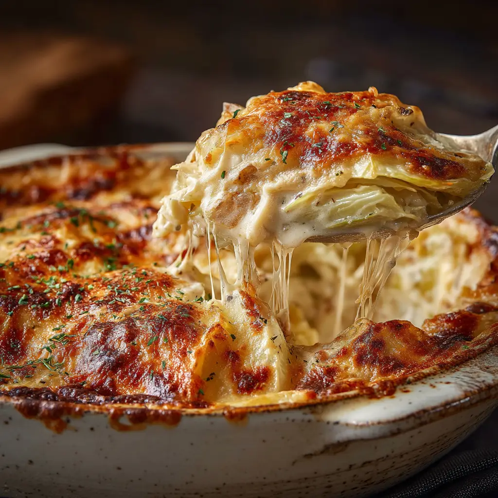A full baking dish of Cheesy Cabbage Gratin fresh out of the oven, garnished with fresh thyme. The edges are bubbling with creamy cheese sauce.