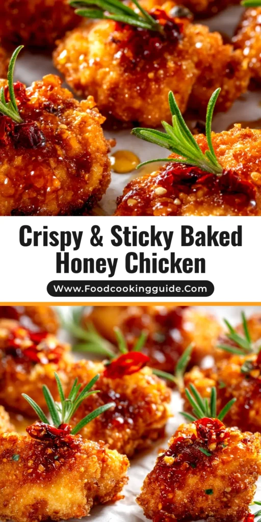 A close-up shot of sticky Baked Honey Chicken thighs in a baking dish, garnished with fresh herbs. The perfect easy weeknight dinner recipe.