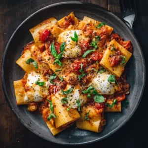 A close-up shot of baked pasta Sorrento style, highlighting the bubbly, golden-brown mozzarella and rich tomato sauce.