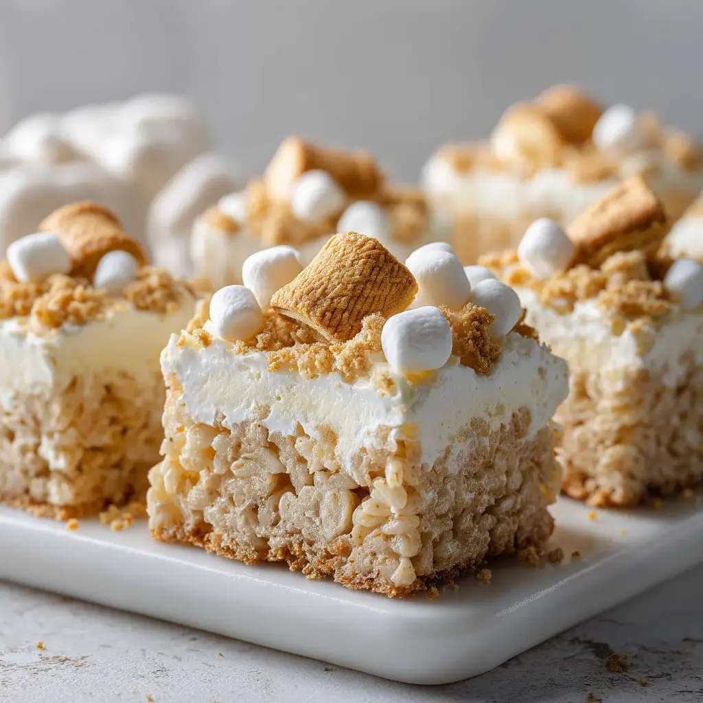 A close-up side view of stacked banana cream treats, showing the texture of the crispy rice cereal, marshmallows, and Nilla wafer pieces.