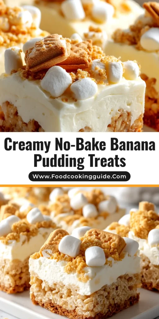 Banana Pudding Rice Krispie Treats: The Ultimate No-Bake Dessert 3 An overhead shot of Banana Pudding Rice Krispie Treats cut into squares on a wooden board, topped with Nilla wafer crumbs and a white chocolate drizzle.
