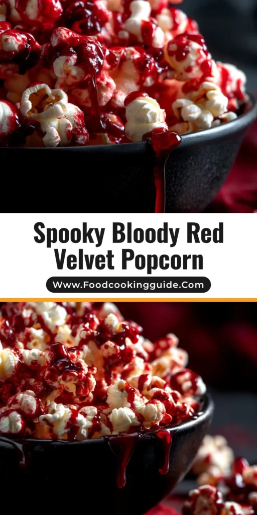 A large bowl of Bloody Red Velvet Popcorn with dramatic red splatters, perfect for a spooky Halloween treat.