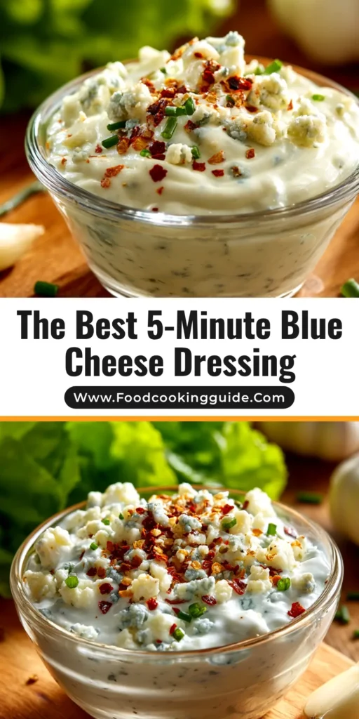 An overhead shot of homemade Blue Cheese Dressing Recipe in a white bowl, surrounded by fresh vegetables for dipping. The dressing is thick, creamy, and full of blue cheese crumbles.