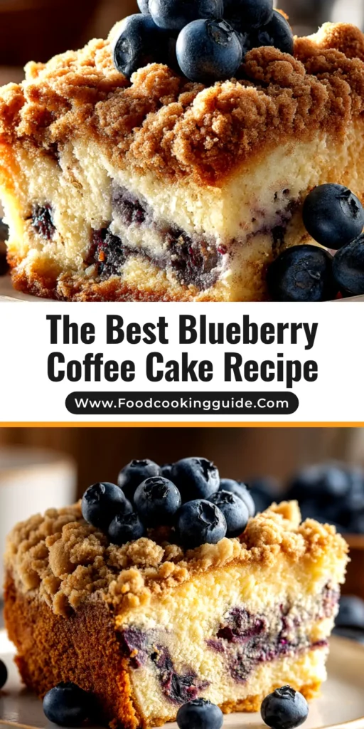 A perfect slice of moist blueberry coffee cake on a white plate, showcasing a thick layer of crumbly streusel topping and juicy blueberries within the cake.
