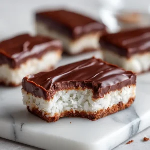 A detailed photo showing the chewy texture of the coconut filling for the homemade chocolate coconut bars.