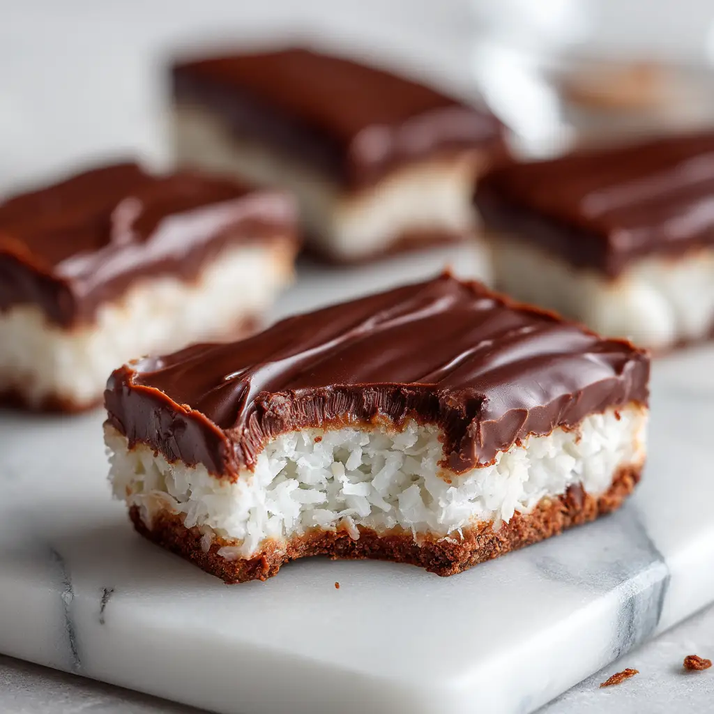 A detailed photo showing the chewy texture of the coconut filling for the homemade chocolate coconut bars.