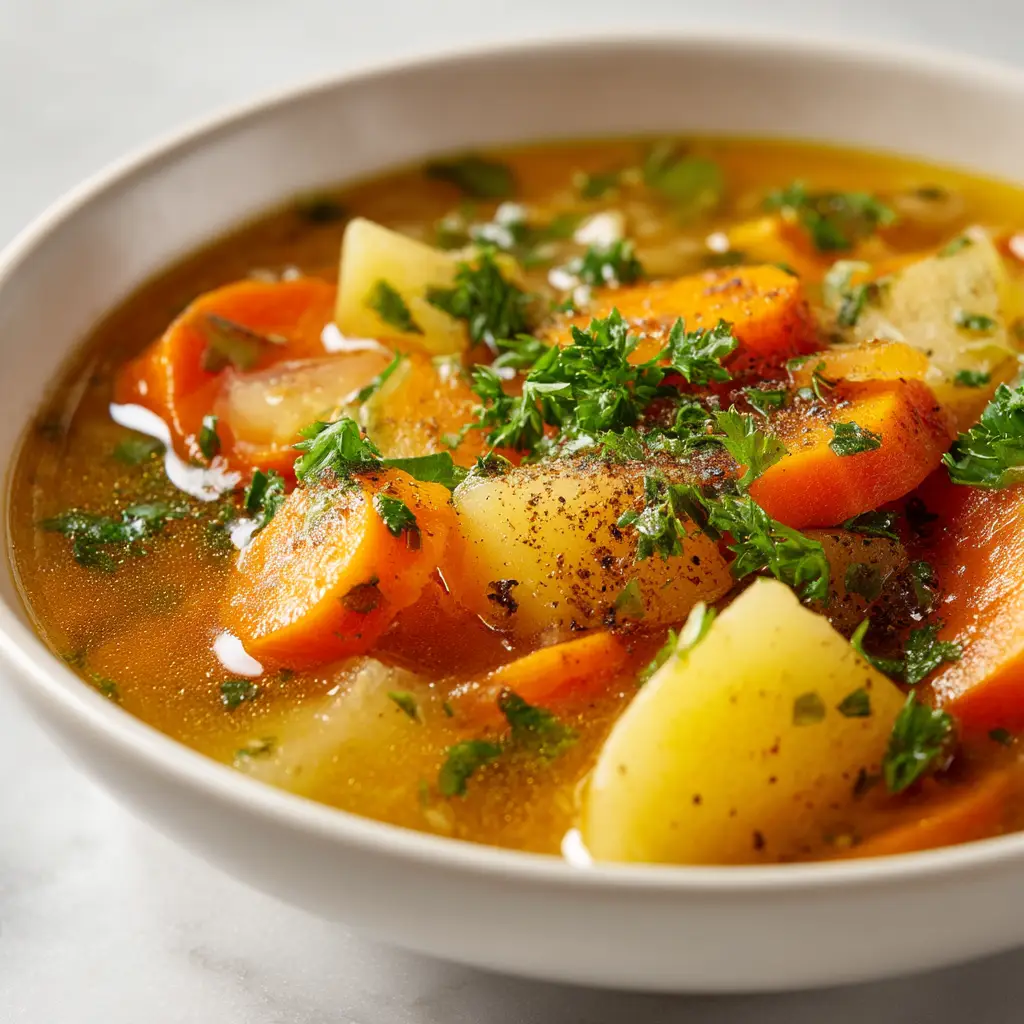 A bowl of finished creamy potato carrot soup garnished with a swirl of cream and fresh chives, ready to be served. Illustrates a serving suggestion.