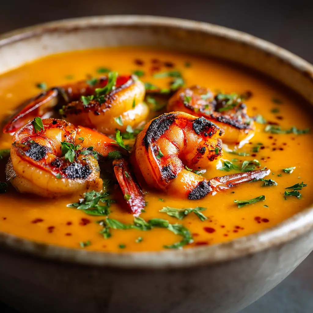 A bowl of homemade shrimp soup garnished with fresh parsley, emphasizing the savory ingredients of the recipe.