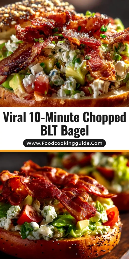 A delicious California BLT Chopped Bagel on a plate. The filling, made with chopped bacon, lettuce, tomato, and avocado, is piled high on a toasted everything bagel.