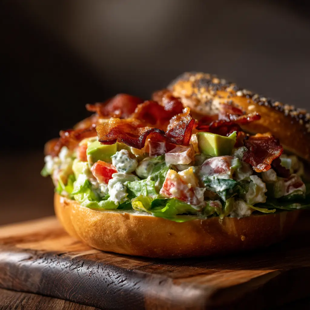 A close-up view of the chopped BLT filling in a bowl, highlighting the creamy texture from the avocado and mayonnaise mixed with crispy bacon pieces.