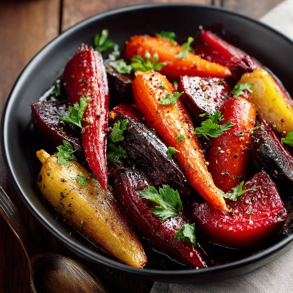 Maple Roasted Beets and Carrots: A Simple & Elegant Side Dish 2 A close-up shot of maple roasted beets and carrots in a rustic bowl, showcasing their caramelized texture.