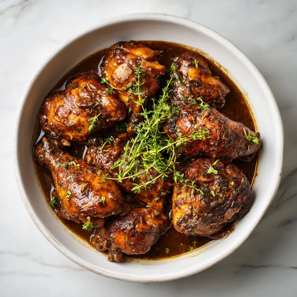 Jamaican Brown Stew Chicken Recipe (Authentic & Easy) 1 A close-up view of Caribbean stew chicken, showing the tender meat falling off the bone in a savory sauce with carrots and peppers.