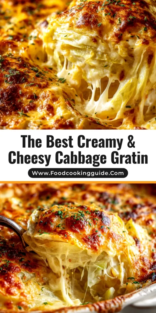 A top-down view of a delicious Cheesy Cabbage Gratin in a white baking dish, showcasing its golden-brown, bubbly top and creamy texture. The perfect low-carb side dish.