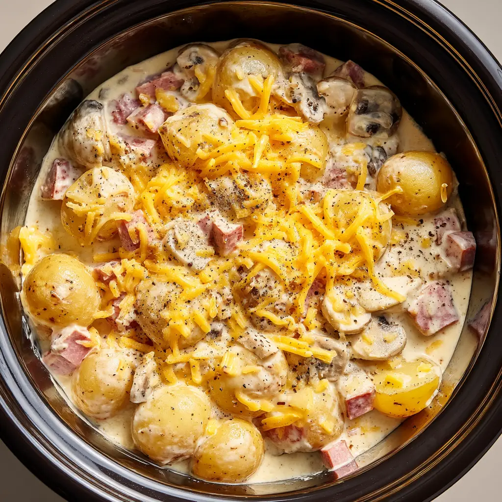 A top-down view of cheesy crockpot ham and potatoes in a slow cooker. The potatoes are tender and covered in a creamy cheddar cheese sauce.