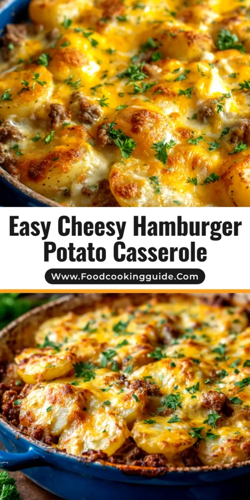 A serving of Cheesy Hamburger Potato Casserole on a white plate, showcasing the layers of ground beef, potatoes, and melted cheese.