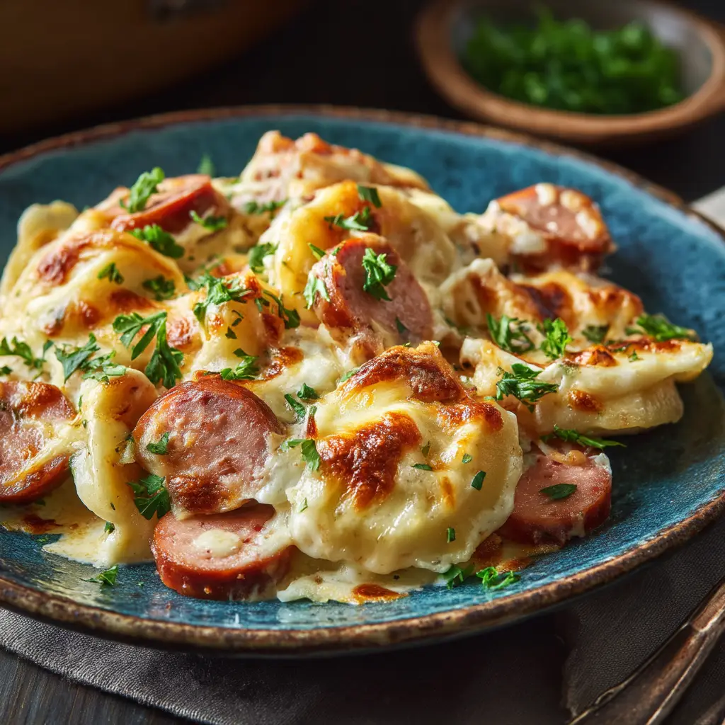 The Crockpot Pierogi Casserole bubbling in the slow cooker, topped with a thick layer of melted cheddar cheese before serving.