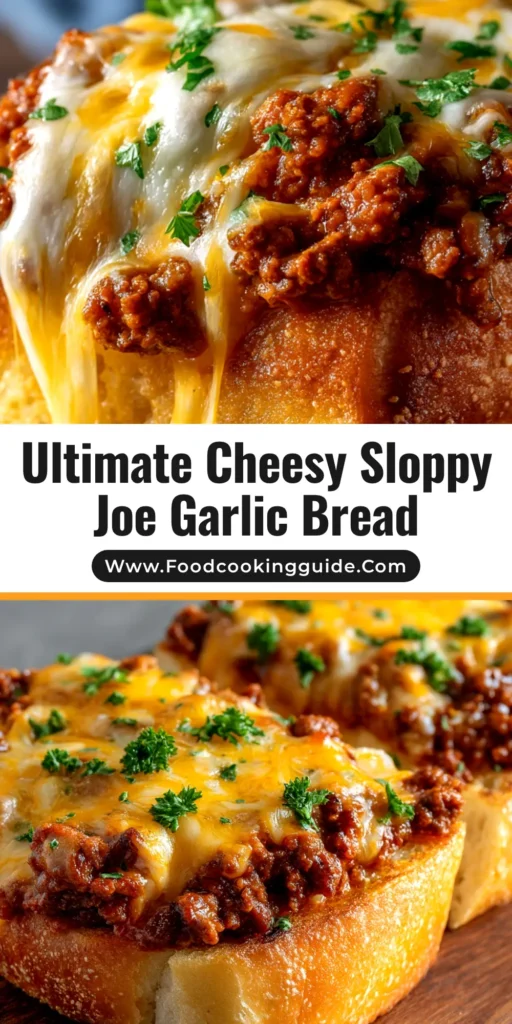 A delicious slice of Cheesy Sloppy Joe Garlic Bread on a plate, showing the savory meat filling and gooey melted cheese on top of a crispy garlic bread loaf.