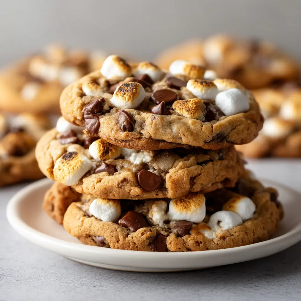 A close-up overhead shot of chocolate peanut butter marshmallow cookies fresh from the oven on a cooling rack.