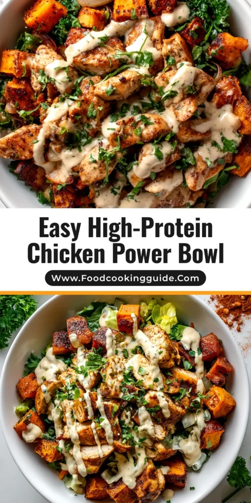 An overhead shot of a vibrant Chicken and Sweet Potato Bowl, featuring roasted chicken, sweet potatoes, and black beans, drizzled with a creamy cilantro-lime sauce.