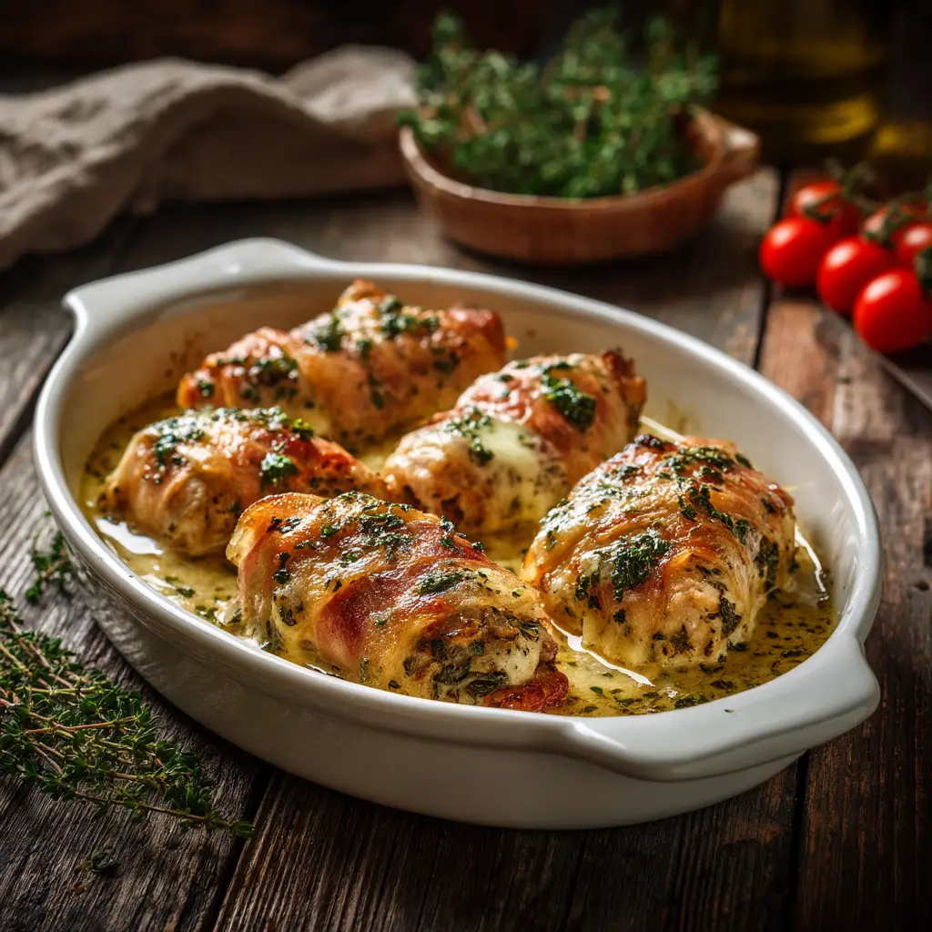 A rustic platter of Chicken Saltimbocca with sage and prosciutto, served with a side of roasted asparagus, showcasing a complete meal.