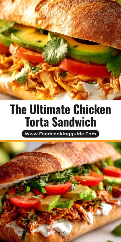 A delicious and authentic Chicken Torta Sandwich packed with shredded chipotle chicken, avocado, and queso fresco on a crusty roll, shown on a rustic wooden board.