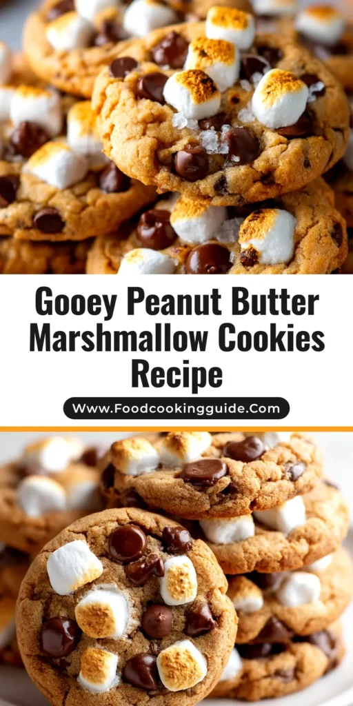 A stack of chewy chocolate peanut butter marshmallow cookies on a wooden board, showing gooey melted marshmallow and chocolate chips.