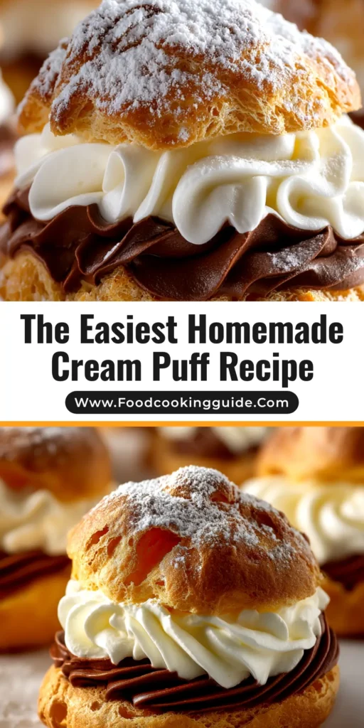 A stack of three perfect golden-brown cream puffs made from a classic cream puff recipe, with one cut in half to show the rich pastry cream filling, dusted with powdered sugar.