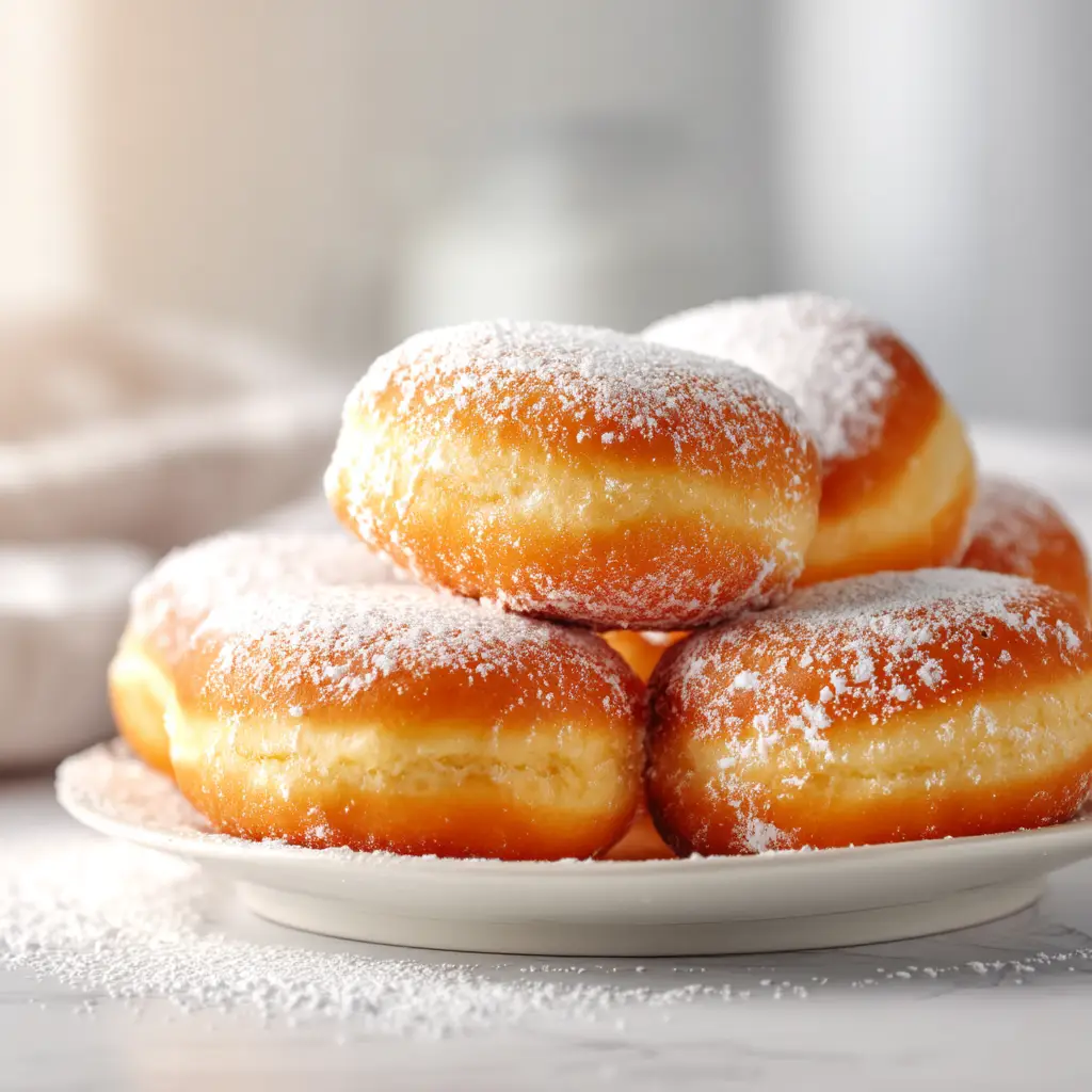 A close-up of a hand rolling a warm, baked donut hole in a bowl of powdered sugar to make a homemade snowball donut.