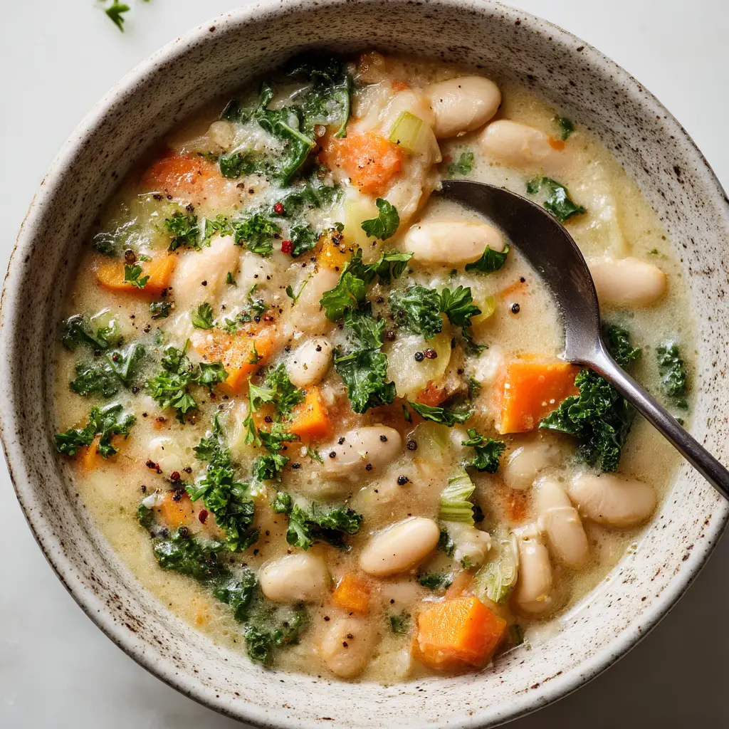 Tuscan White Bean Soup (The Ultimate Hearty Recipe) 1 A close-up shot of the Tuscan White Bean Soup simmering in a pot, showing the creamy texture and tender vegetables.