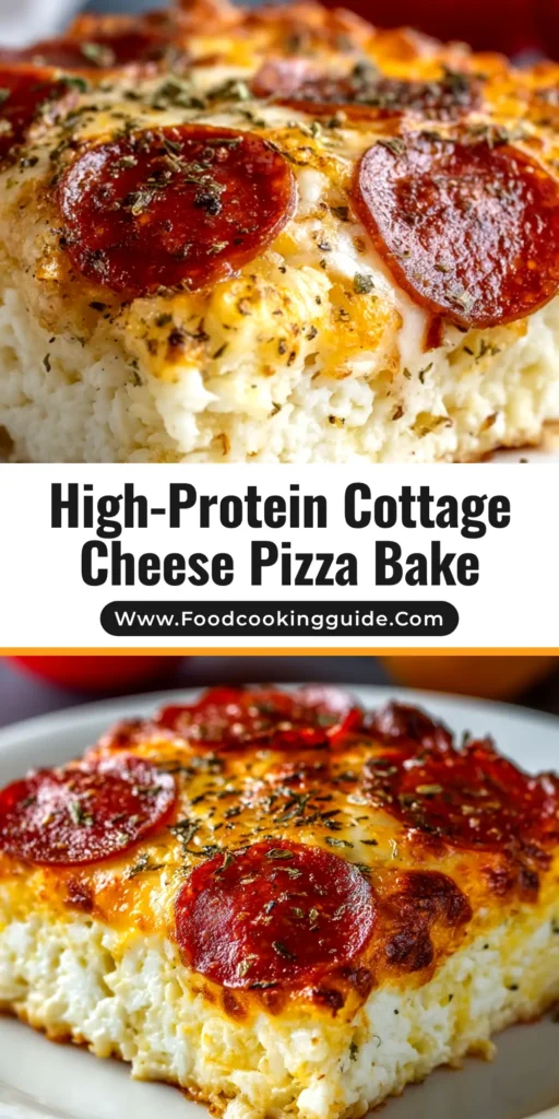 A delicious slice of Cottage Cheese Pizza Bake on a plate, showing the cheesy, bubbly top with pepperoni. This high-protein, low-carb pizza casserole is a healthy dinner idea.