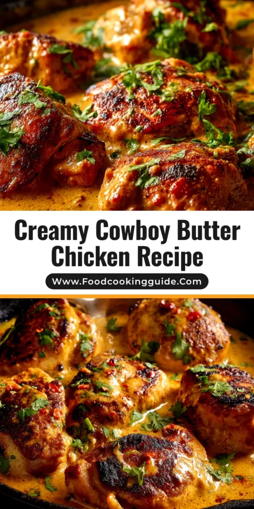 A pan of delicious Cowboy Butter Chicken, with the chicken breasts coated in a golden, herb-flecked butter sauce. A lemon slice and fresh parsley garnish the dish.