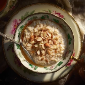 A top-down view of a creamy bowl of croissant-inspired oatmeal, ready to be eaten. The oats are garnished with toasted almonds, showcasing a healthy breakfast idea.