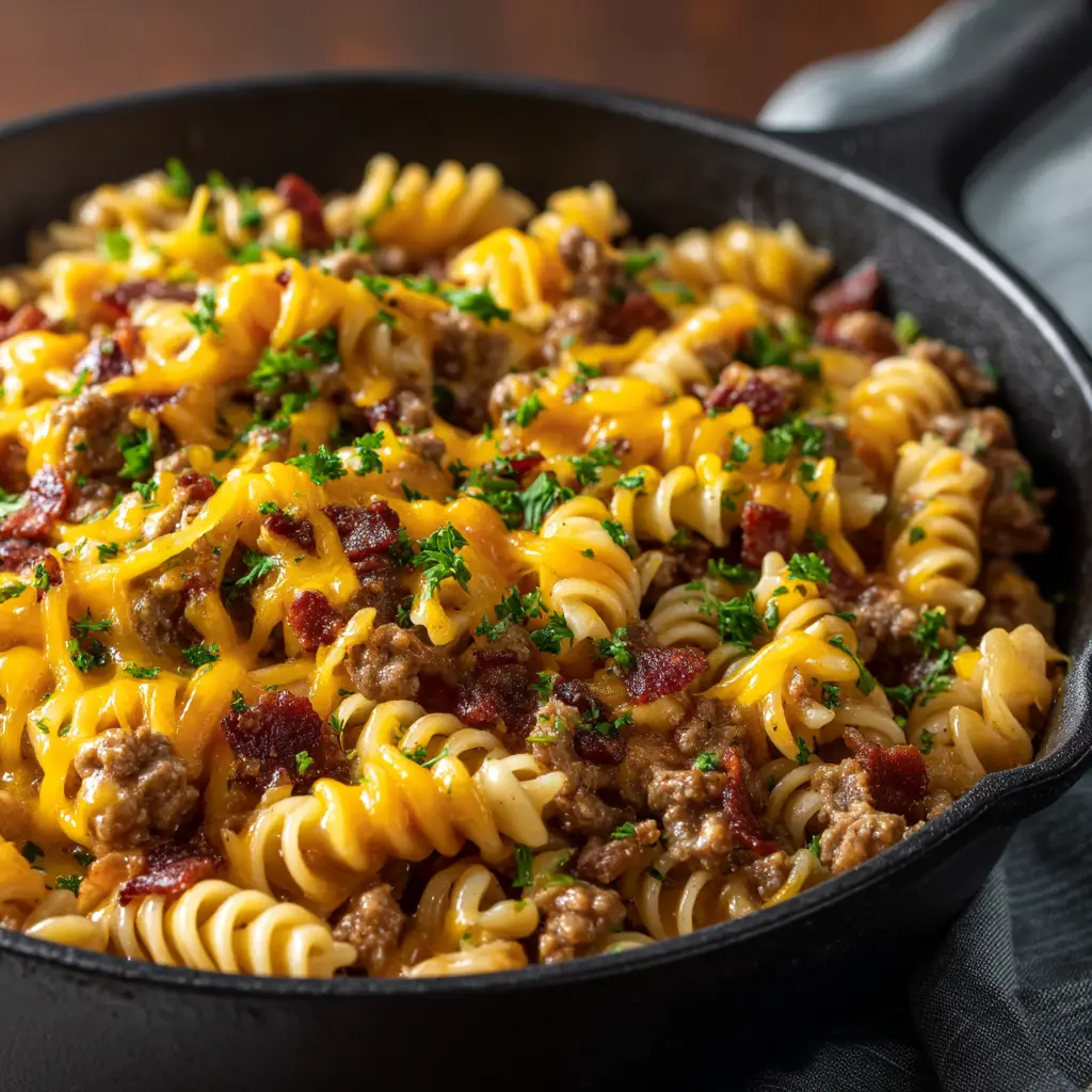 An extreme close-up overhead shot of the creamy bacon cheeseburger pasta in a pot. You can see the texture of the ground beef and the melted cheese sauce coating the rotini pasta.