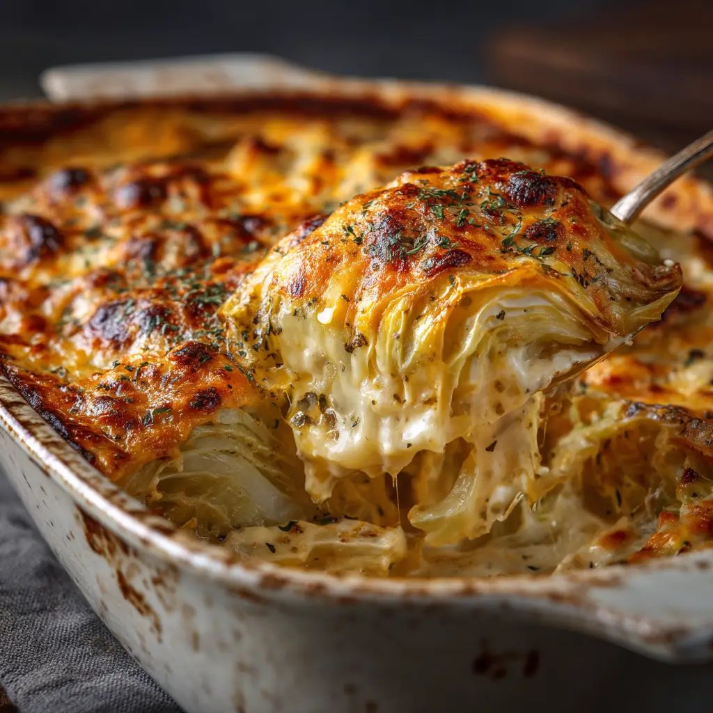 A close-up shot of creamy baked cabbage gratin, with a spoon lifting a portion out of the baking dish, revealing the rich cheese sauce.