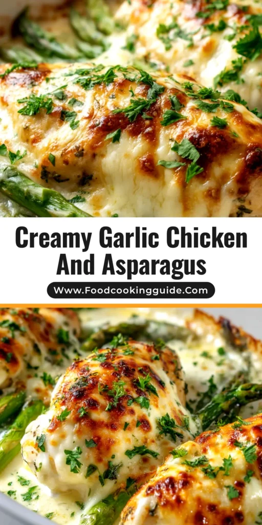 Creamy Chicken and Asparagus: A 30-Minute Dinner 3 A top-down view of Creamy Chicken and Asparagus in a white skillet, garnished with fresh herbs. The perfect easy weeknight dinner recipe.