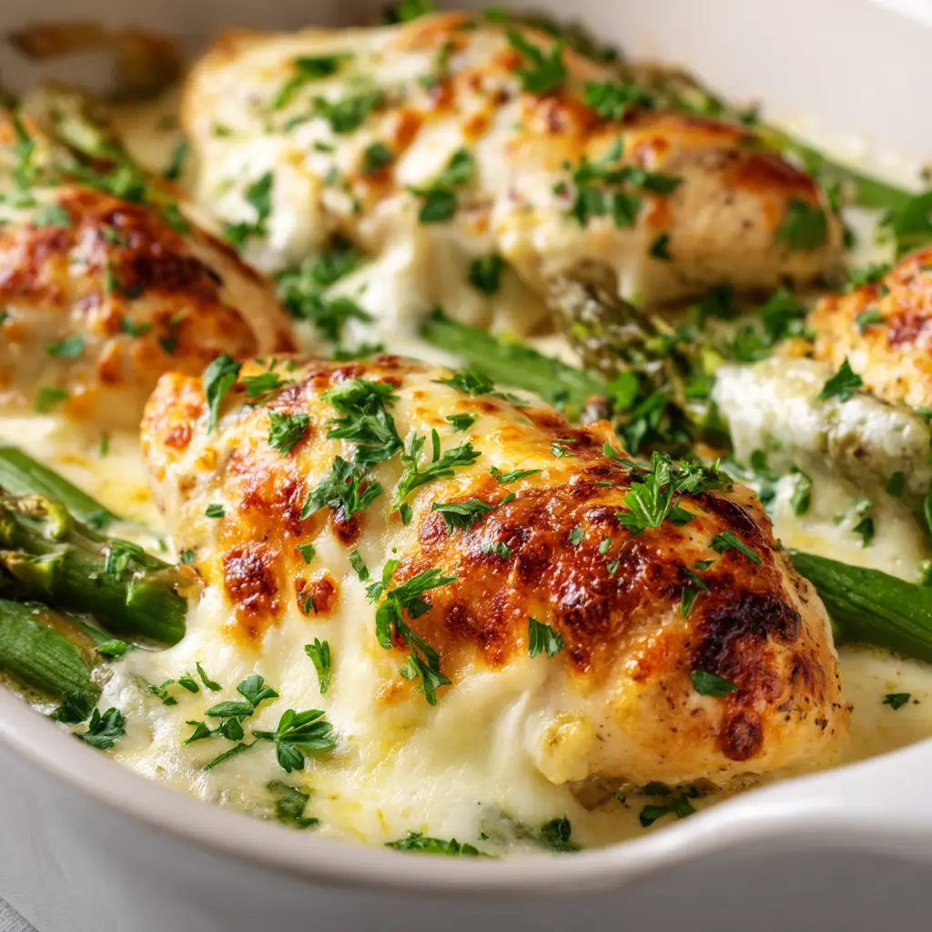 Creamy Chicken and Asparagus: A 30-Minute Dinner 1 Ingredients for the Creamy Chicken and Asparagus recipe laid out, including chicken breasts, asparagus, garlic, and cream.