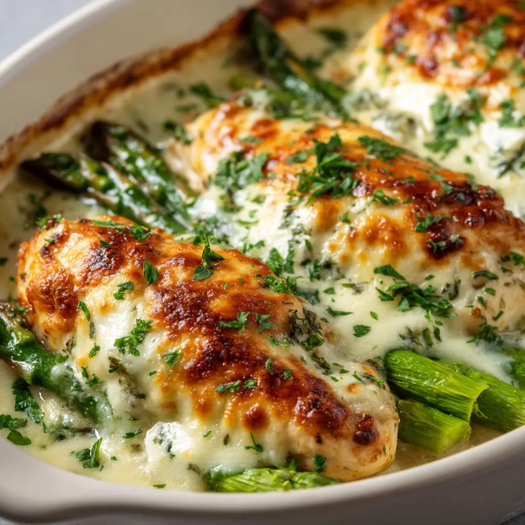A close-up shot of a serving of creamy chicken and asparagus on a plate, showing the rich texture of the garlic parmesan sauce.