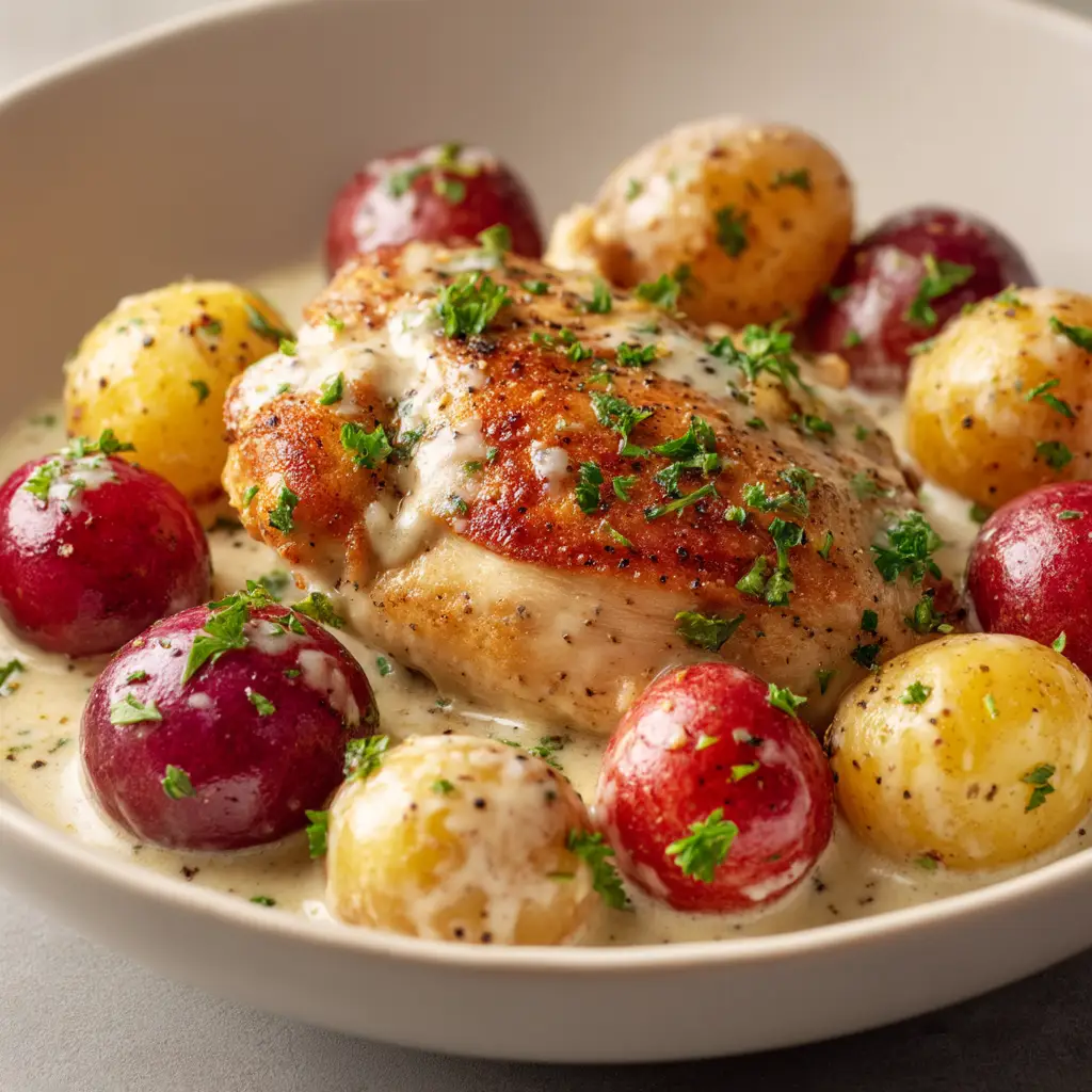 A serving of creamy crockpot chicken and potatoes on a plate, ready to be eaten. The dish is garnished with fresh green parsley.